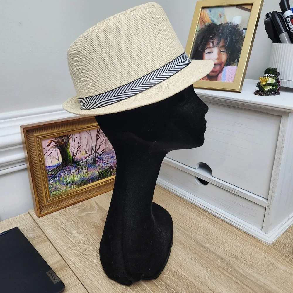 Mens Straw Fedora Hat‎ Beige Black Chevron Band One Size Summer Beach Sun